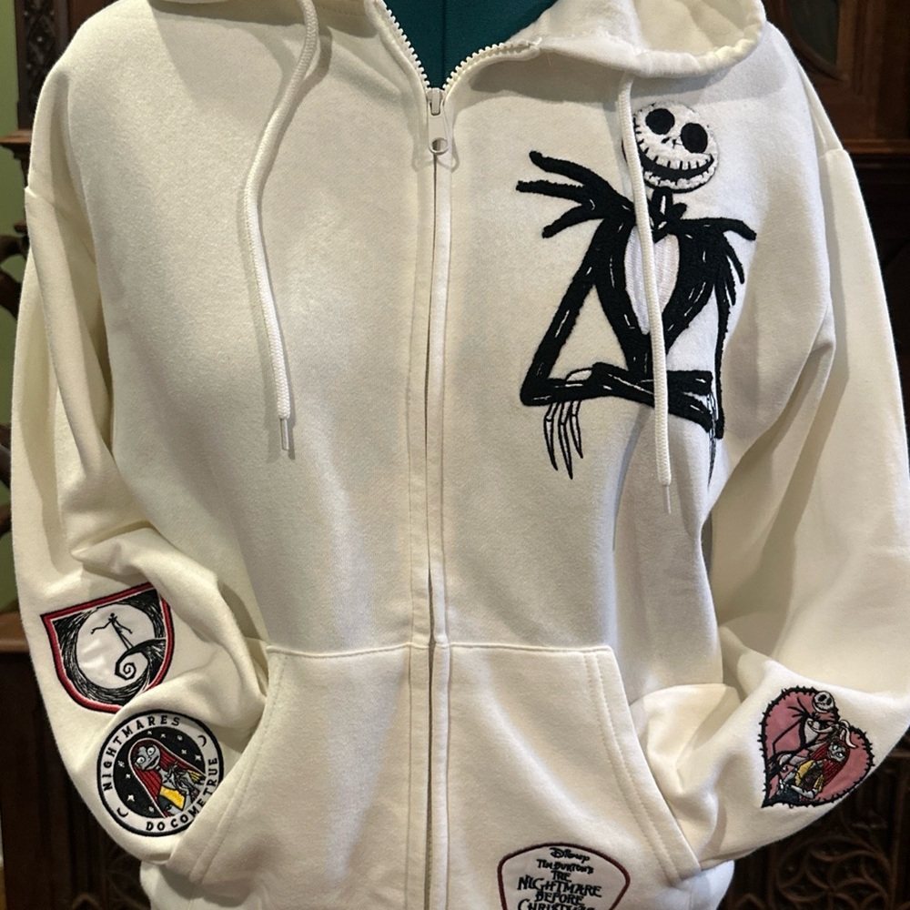 Disney Nightmare Before Christmas Ivory Zip Hoodie Embroidered with Patches Sz L